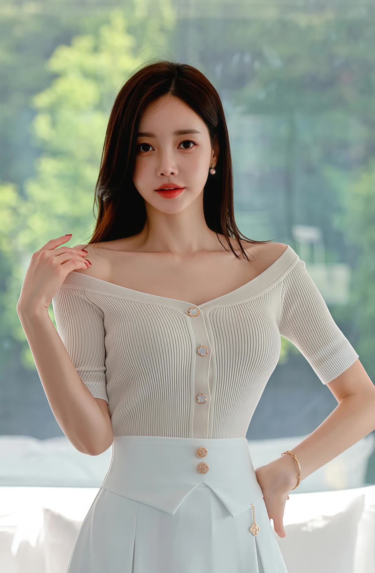 孙允珠清新甜美风，浅蓝色短裙搭配白色针织衫，少女心满满！