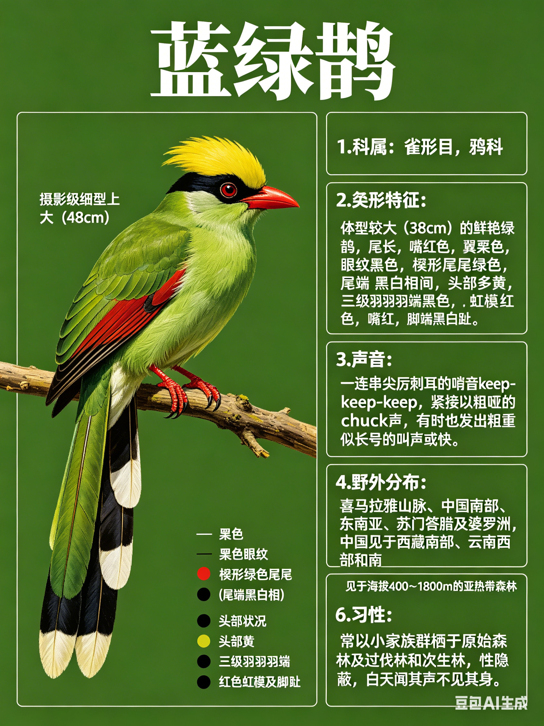 鸟类朋友图鉴蓝绿鹊·科属：雀形目，鸦科。·外形特征：体型较大（38cm）的鲜艳