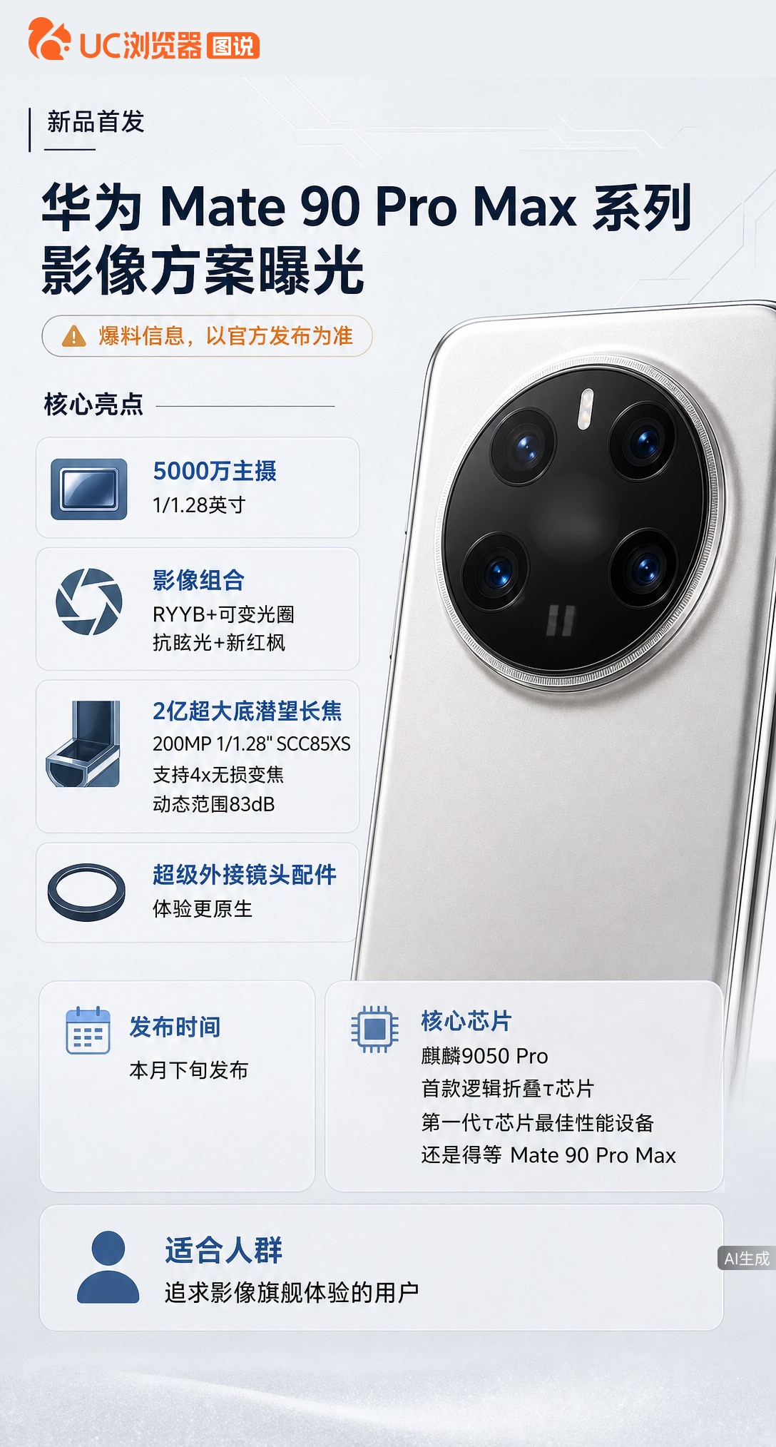 Mate90ProMax影像方案曝出：50MP主摄+2亿国产长焦，还有超级外接镜头配件。首发国产2亿