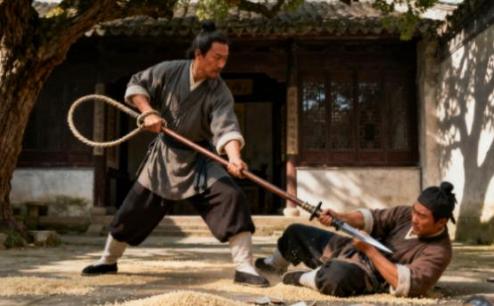 清雍正年间，江苏无锡武术大师范龙友正在吃饭，徒弟王贵突然手持长矛向他前胸刺来。