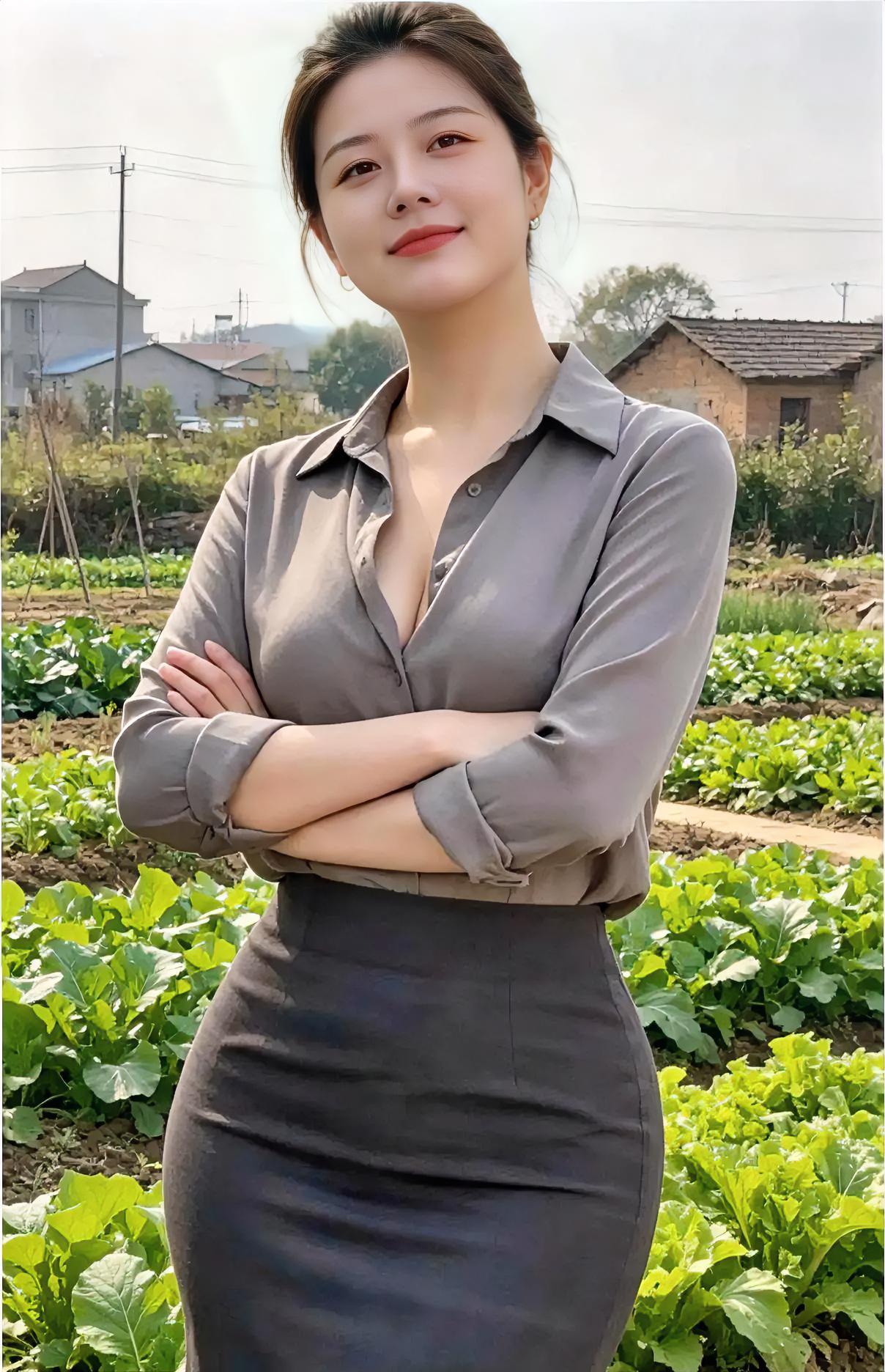 菜畦铺绿意，她站在风里。灰衫挽袖口，微笑很接地。双臂轻轻交，