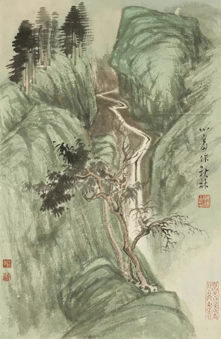 张大千、溥儒合作山水册。1932年十月，大千与心畬联袂出手，心畬置景，大千补白