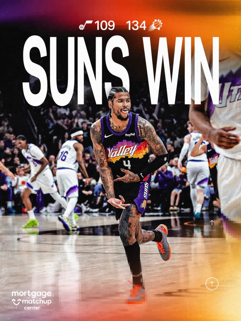 太阳以134-109击败爵士。赛后，太阳官方更新X，晒出一张太阳球员杰伦-格