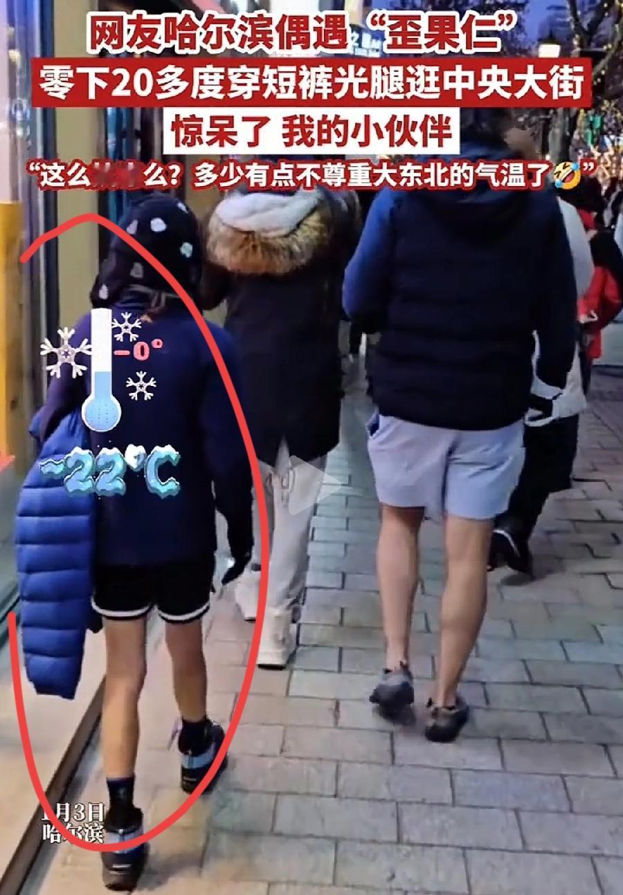 老外真抗冻，哈尔滨中央大街，零下20多度短裤光腿！一个外国小孩手里拎着羽绒服，刚