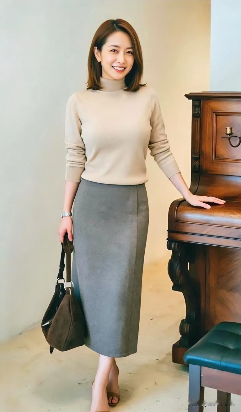 米色温柔，拥抱颈间暖意。灰裙垂落，如诗行般优雅。她倚钢琴，指尖轻触时光。