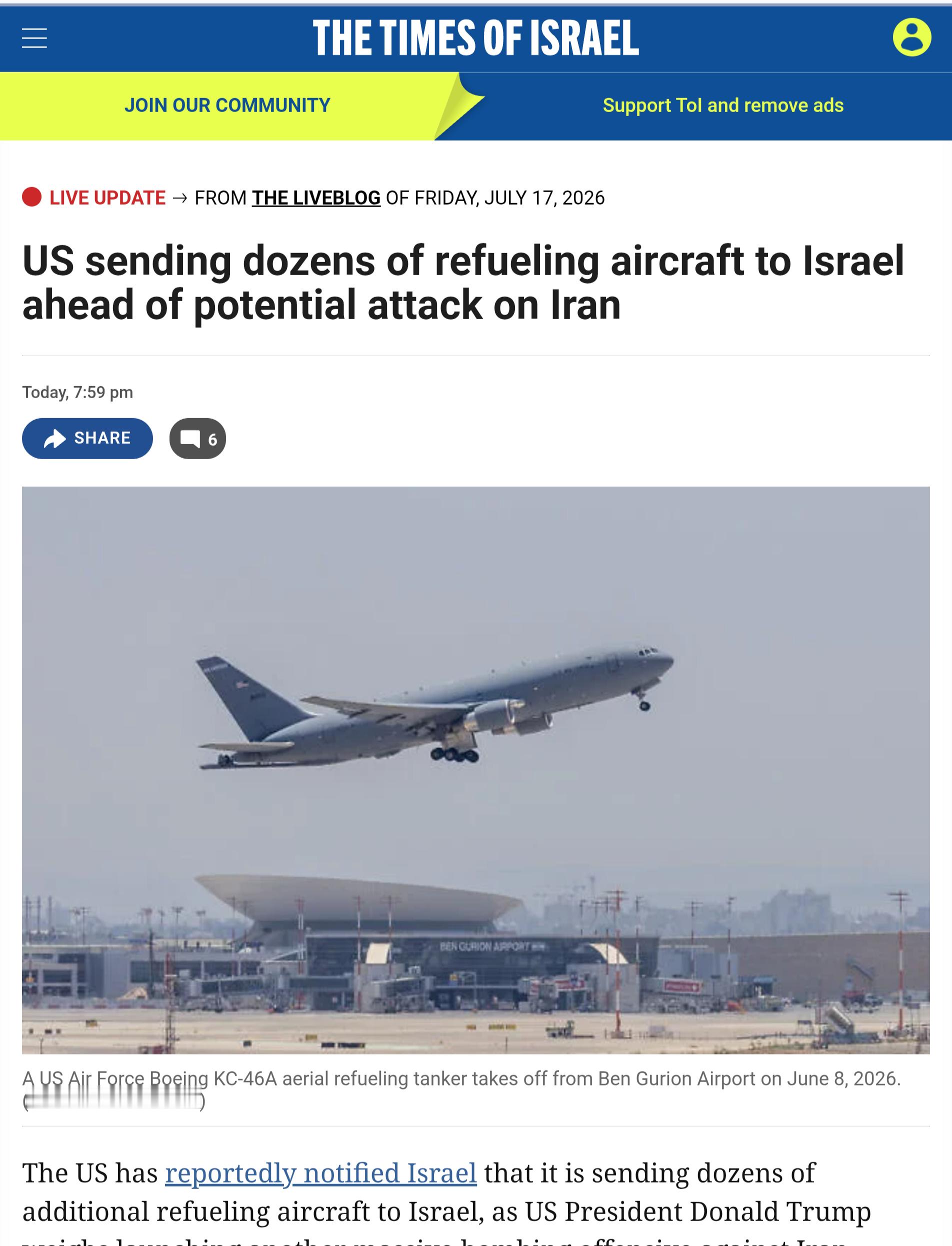 据美国高级官员透露，美国已向以色列部署了60多架空中加油机（其中33架驻扎在本·