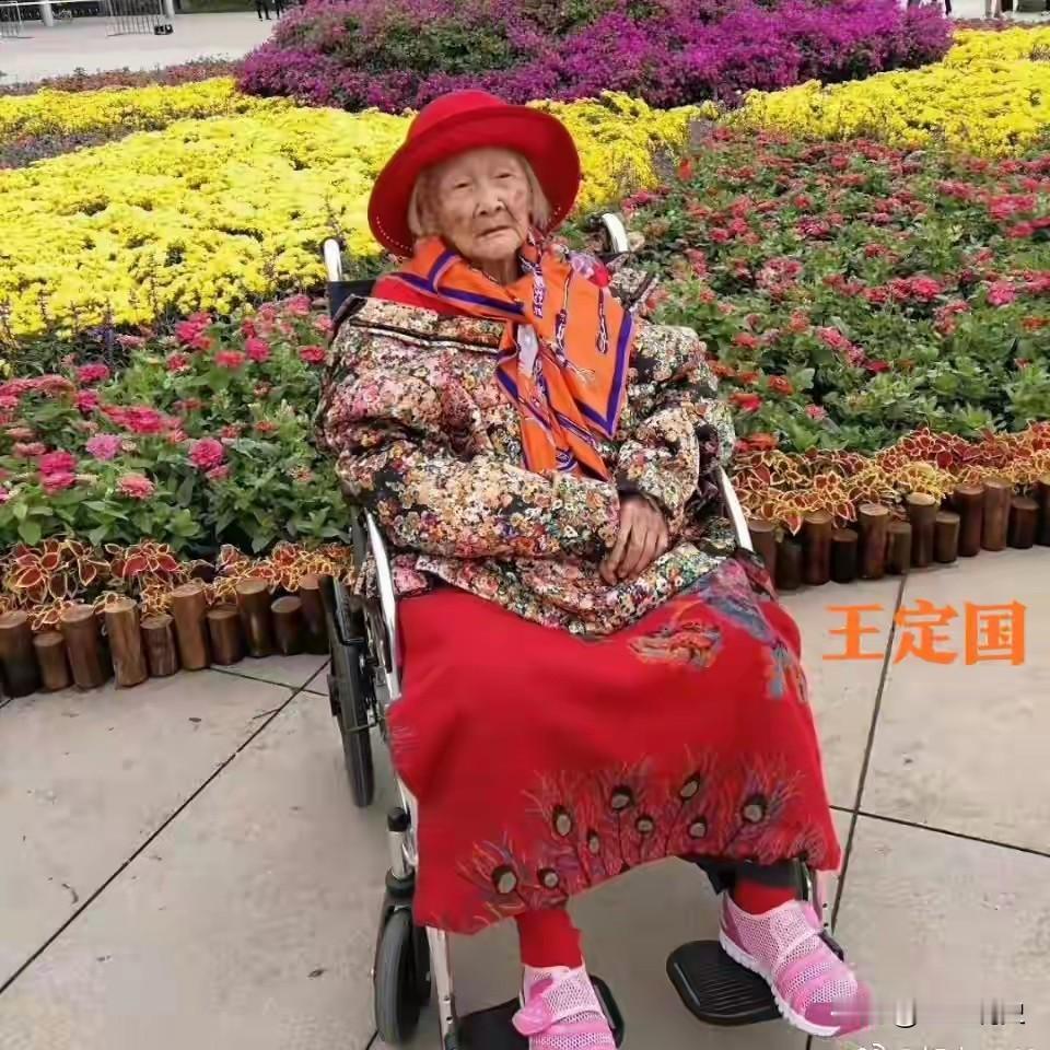 2017年，谢觉哉夫人王定国，坐在轮椅精神状态很好。活了108岁，王定国生于19