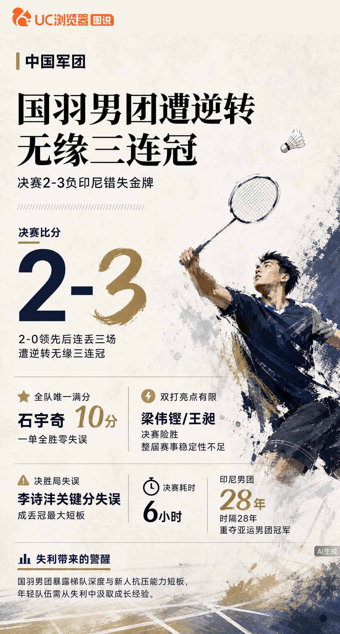 2-0领先被连扳三局！国羽男团六小时鏖战2-3负印尼，无缘亚运三连冠。石宇奇一单零失误拿满分，但李诗