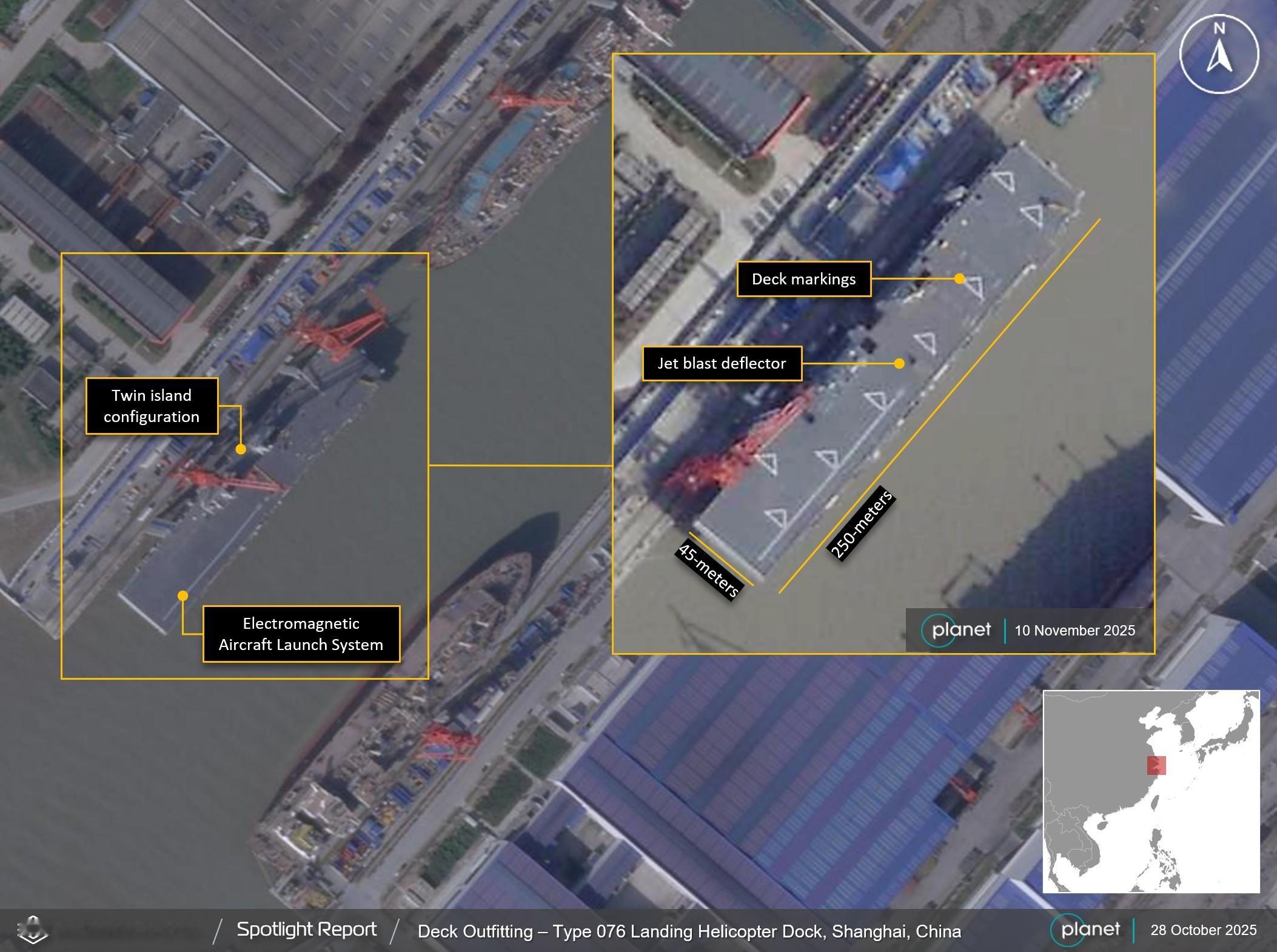 之前的076高清卫星图，8个直升机起飞位清晰可见图源推特