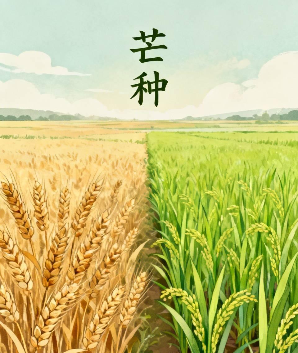 顺应规律芒种时节，农人左手攥着成熟的麦穗，右手抓起嫩绿的稻秧，收割与播种在指尖