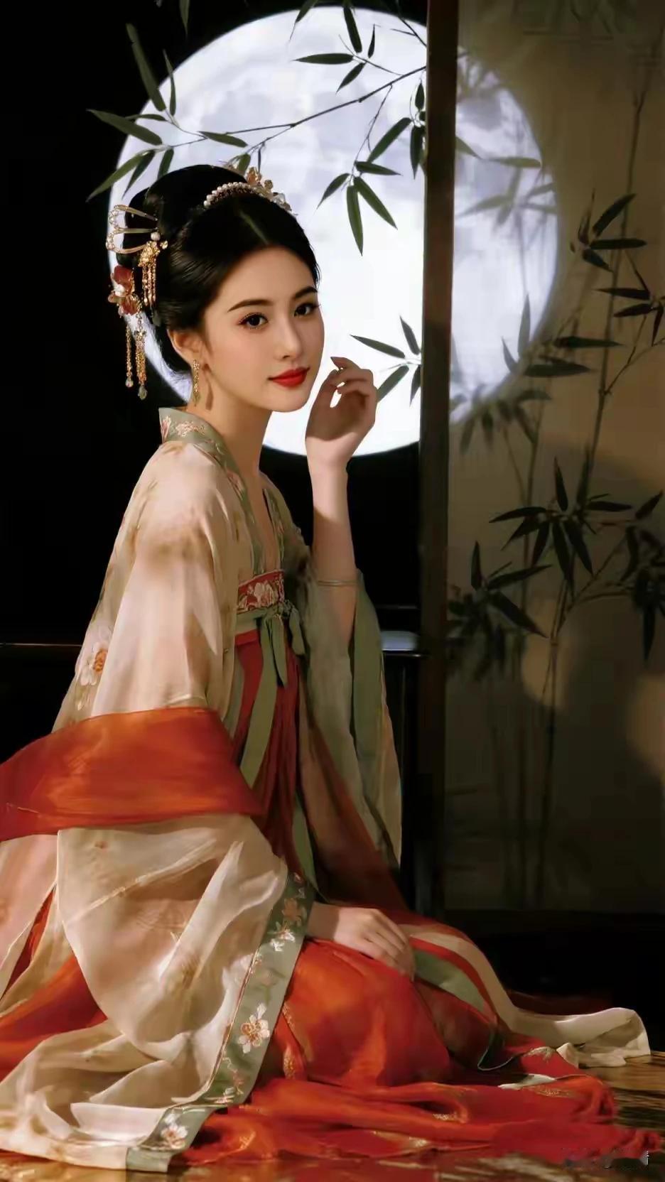 中国服饰，传统文化月下竹影，汉服风华千娇百媚，雍容华贵眉若春山，眼含秋水