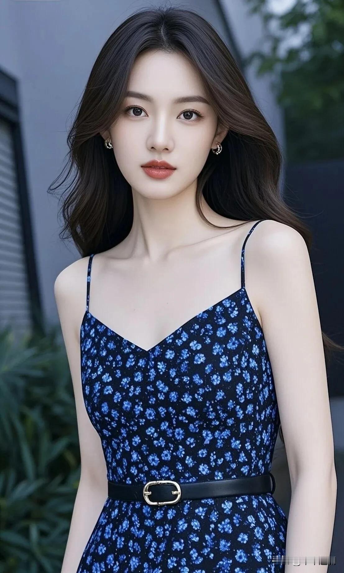 藏青底的蓝碎花漾着清甜气息，细吊带衬出肩颈线条，黑带金扣添了利落感。漫步在绿意旁