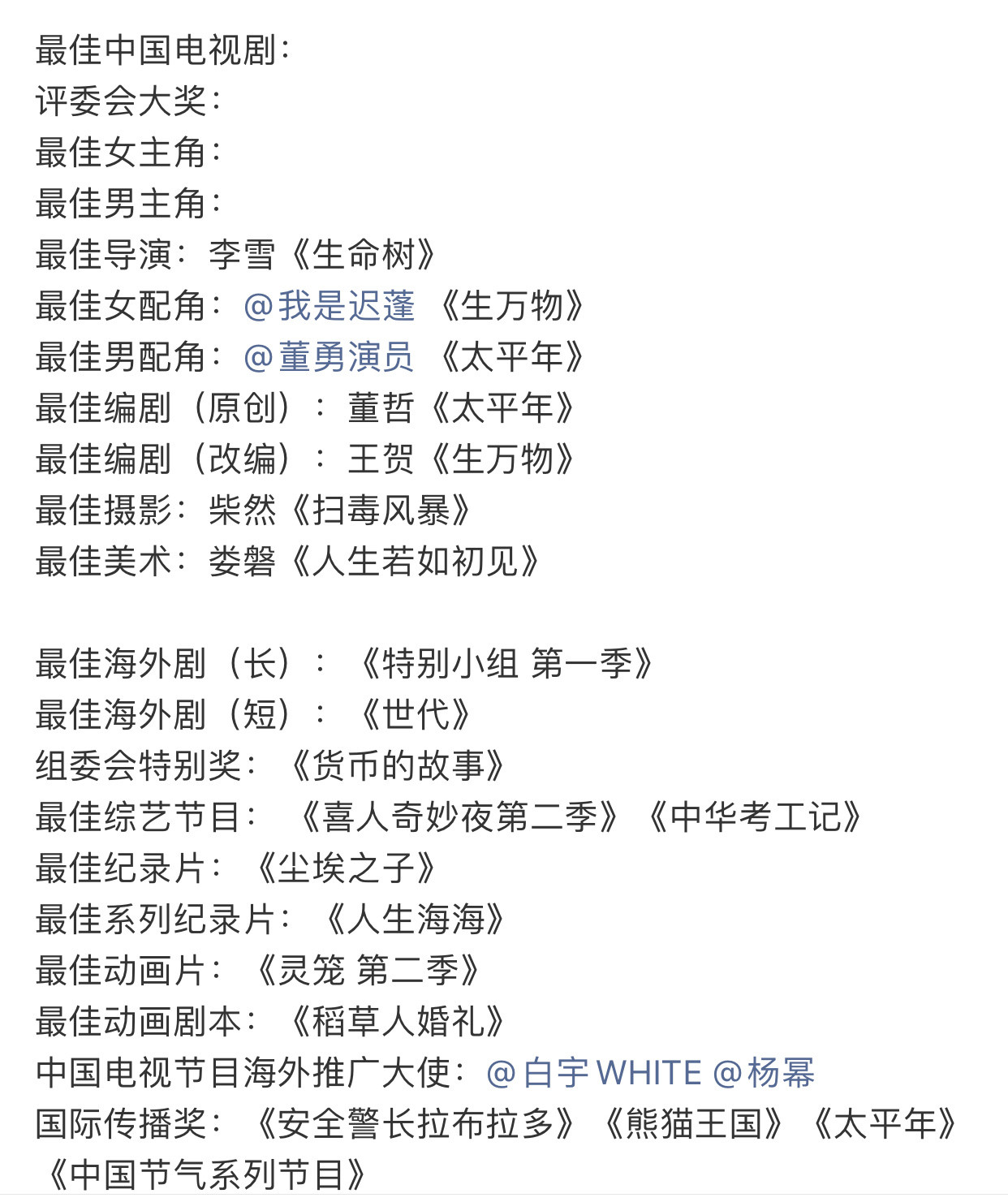 白玉兰获奖名单白玉兰获奖名单