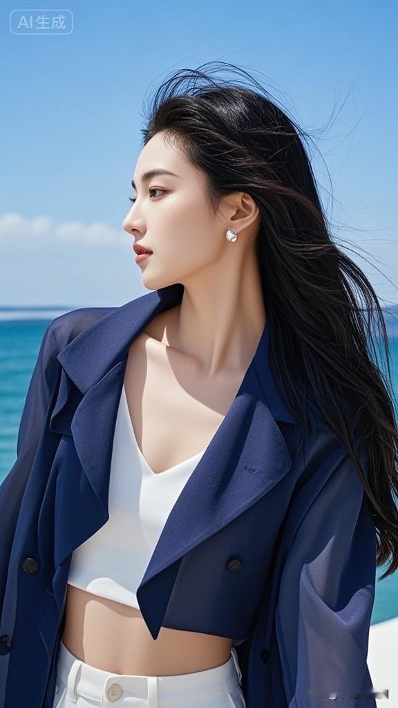 海边漫步，温柔海风轻拂，优雅动人。