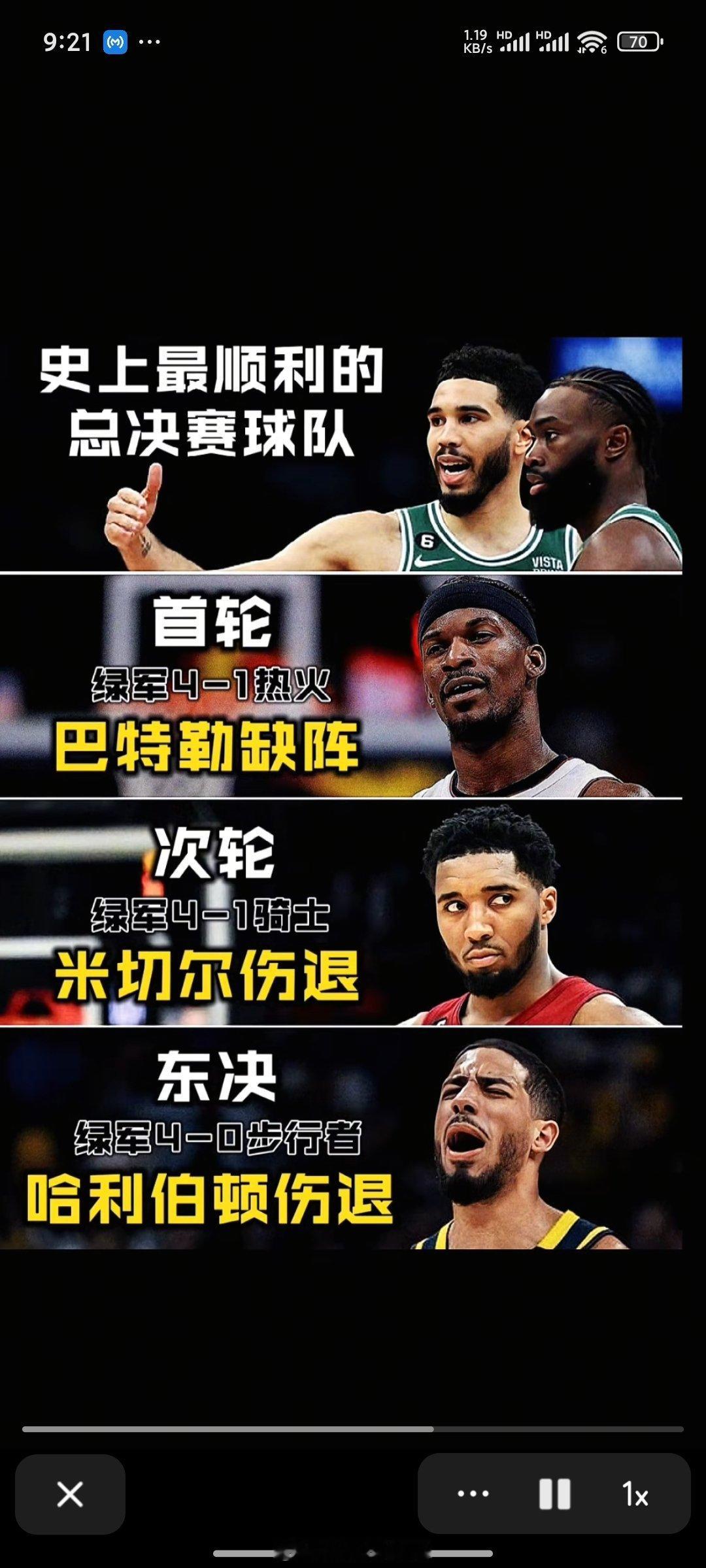 凯尔特人去年的冠军确实太顺了，东部对手当家球星基本伤完了，今年东部对手除了首轮魔