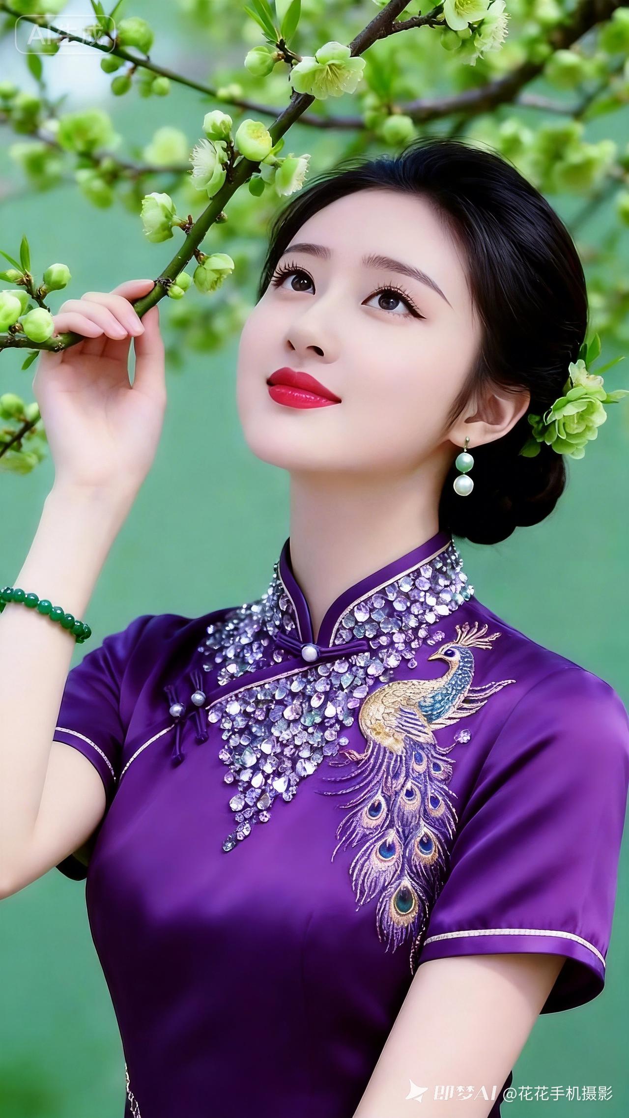 春日花语，美人如花，一袭紫色旗袍，尽显东方韵味。