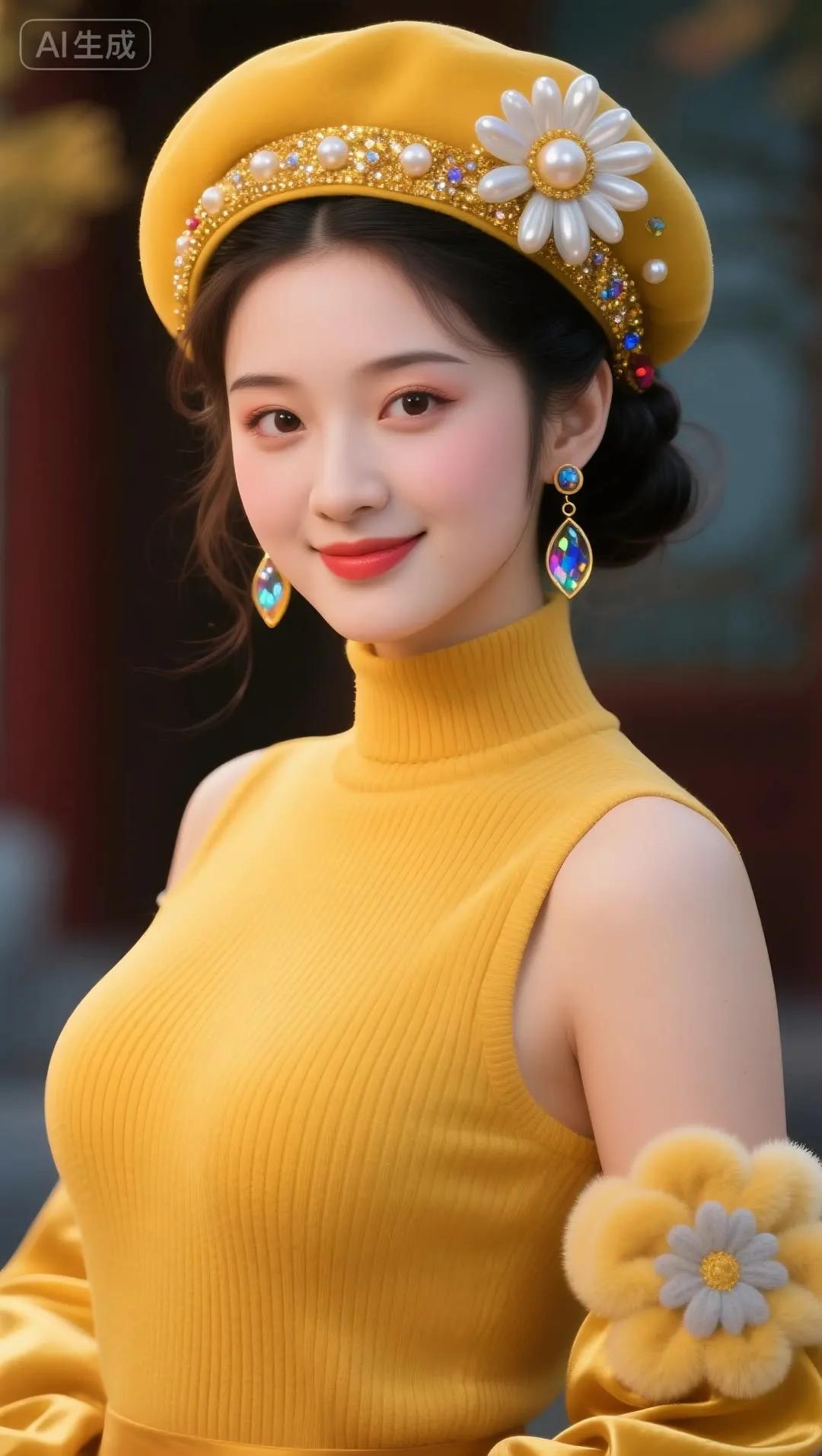 复古宫廷风，黄色连衣裙搭配珍珠发饰，优雅动人！👗✨