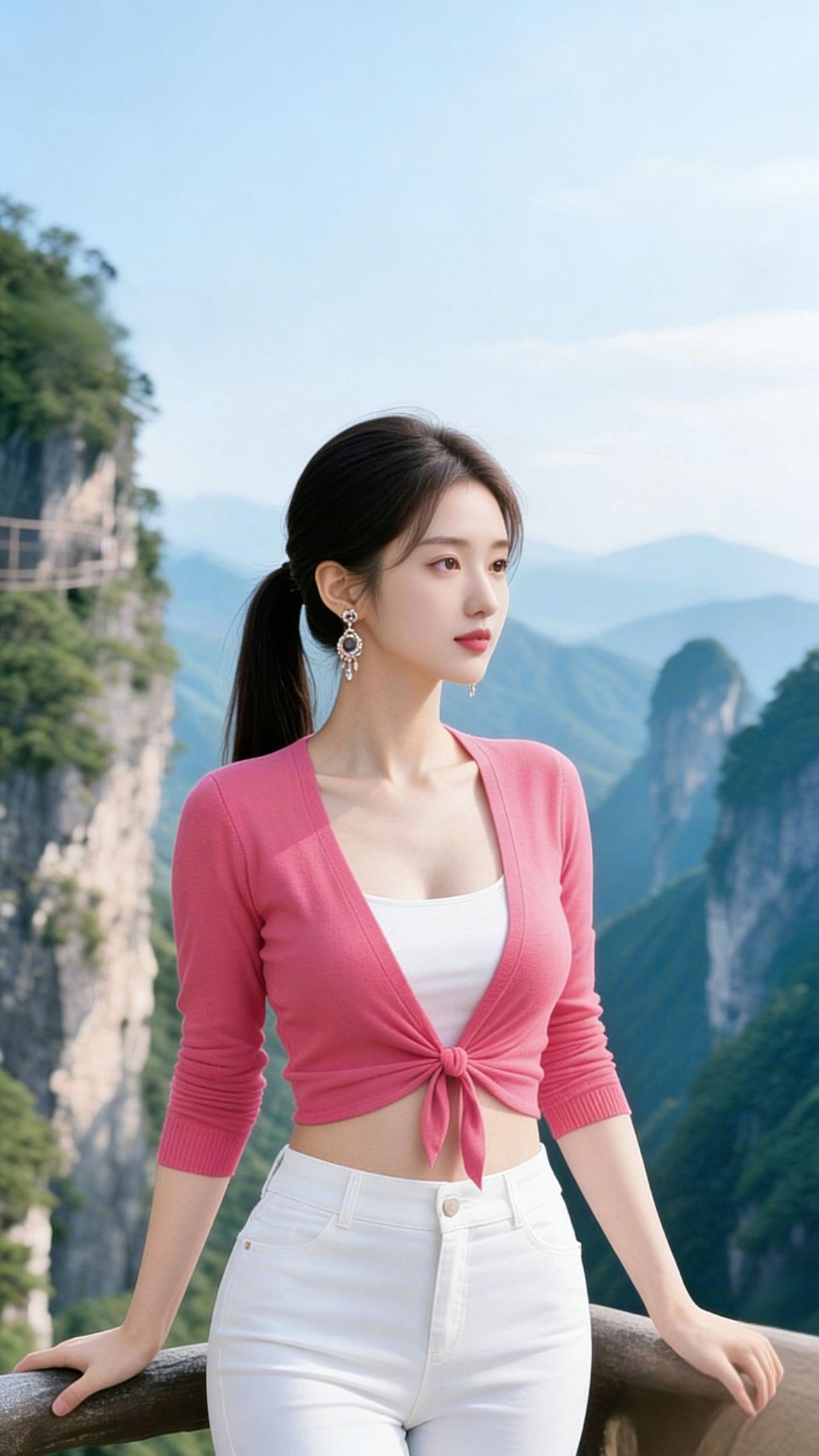 《粉衫栖云崖》山风裹着云的软，漫过崖边时，粉衫像揉碎的春樱——轻挽的发梢沾