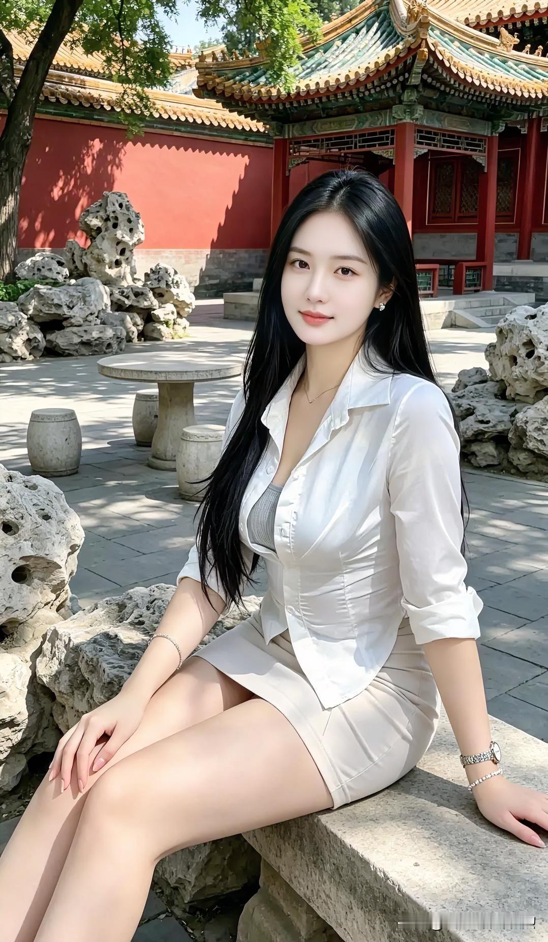 《红墙下的明媚》阳光洒落，笑容清澈。红墙绿瓦映衬自信风采，愿你眼里有