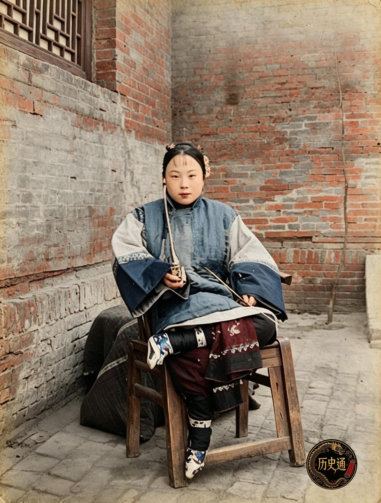 这是百年前，青砖墙下，一张木凳、一位汉族女子翘着二郎腿坐在那里。左手搁膝上，右手