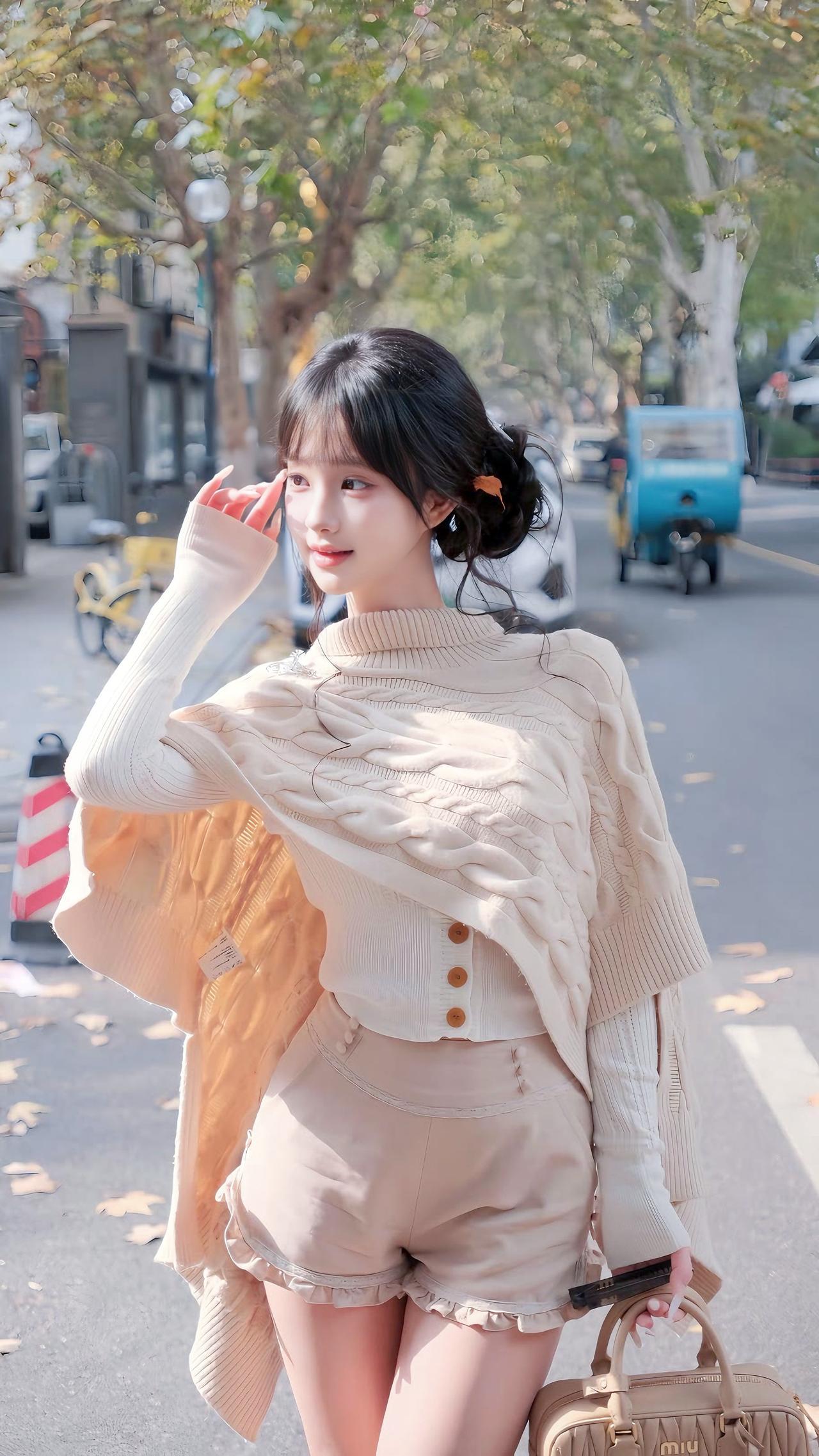 秋日穿搭指南：米色毛衣+短裤，清新自然，元气满满！🍂👗👠