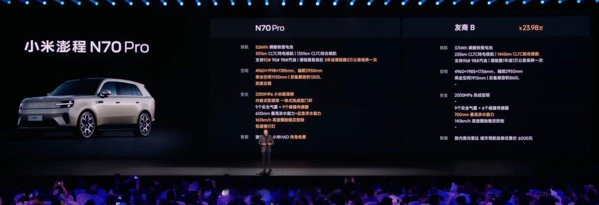 澎程N70Pro售价20.99万起，对标车型问界M6舱内版。澎程N70Max售价23.99万起，对标