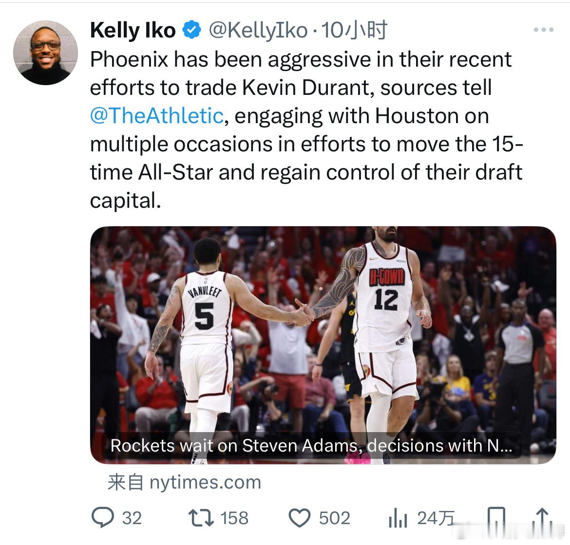 据消息人士透露via：TheAthletic，菲尼克斯太阳队最近在交易凯文杜兰