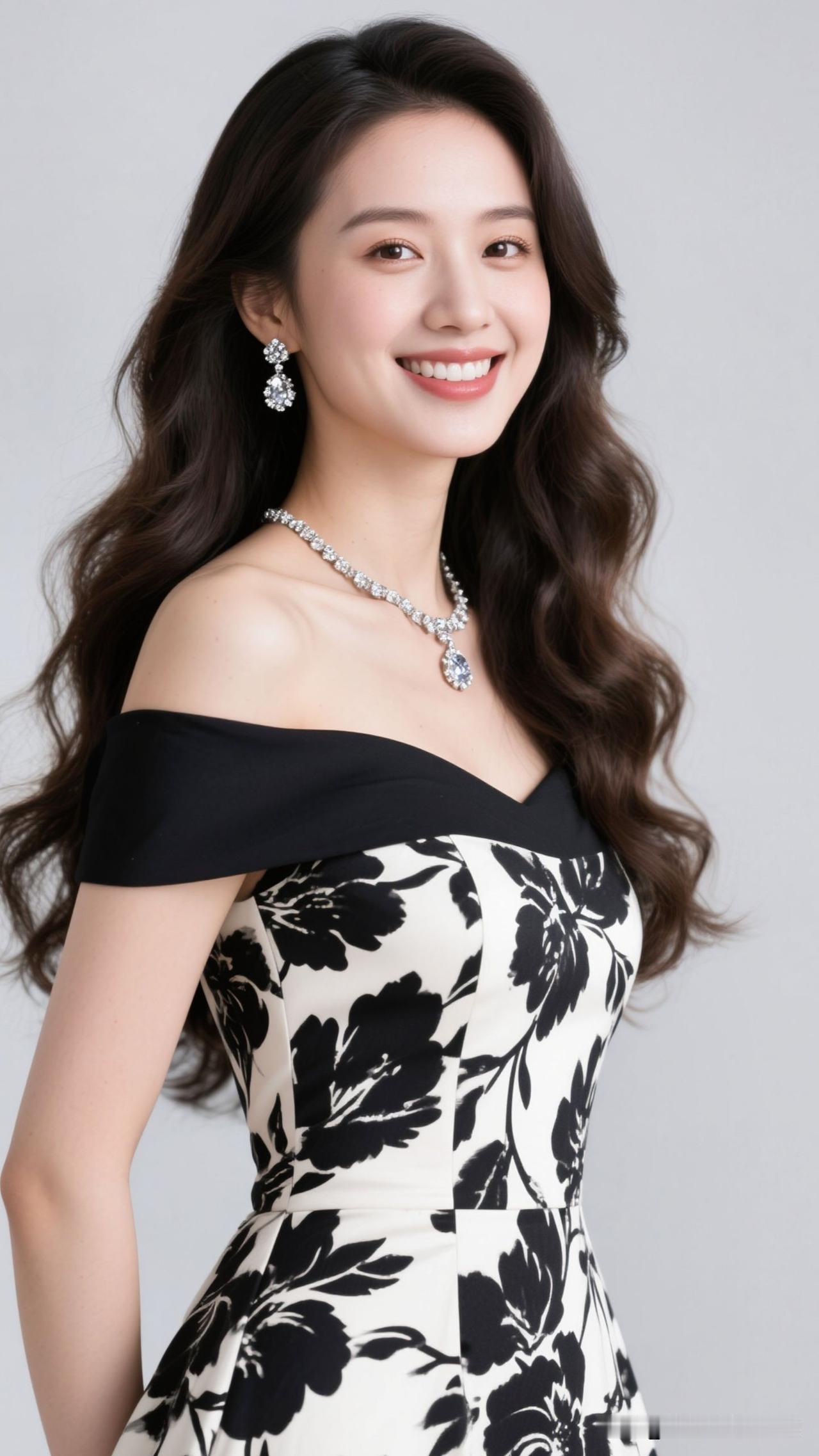 🌸墨色花影吻过白缎，钻石项链坠着月的清辉，笑意漫开时，浪漫便成了具象的诗。紫