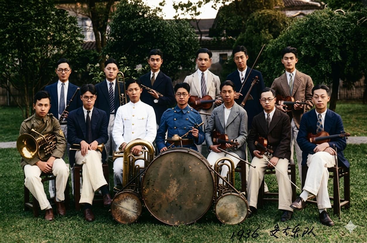 1936年，交通大学学生铜管乐队全员合影，前排左一，便是青年钱学森。整支乐团阵