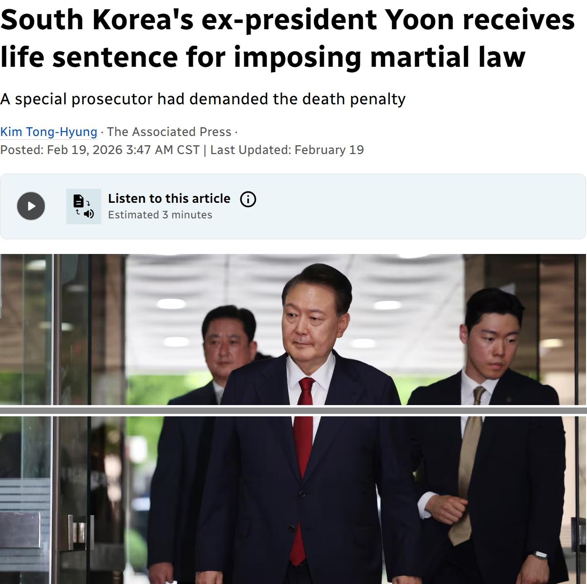 韩国前总统尹锡悦被判终身监禁当地时间周四，韩国前总统尹锡悦因实施戒严令被判终身