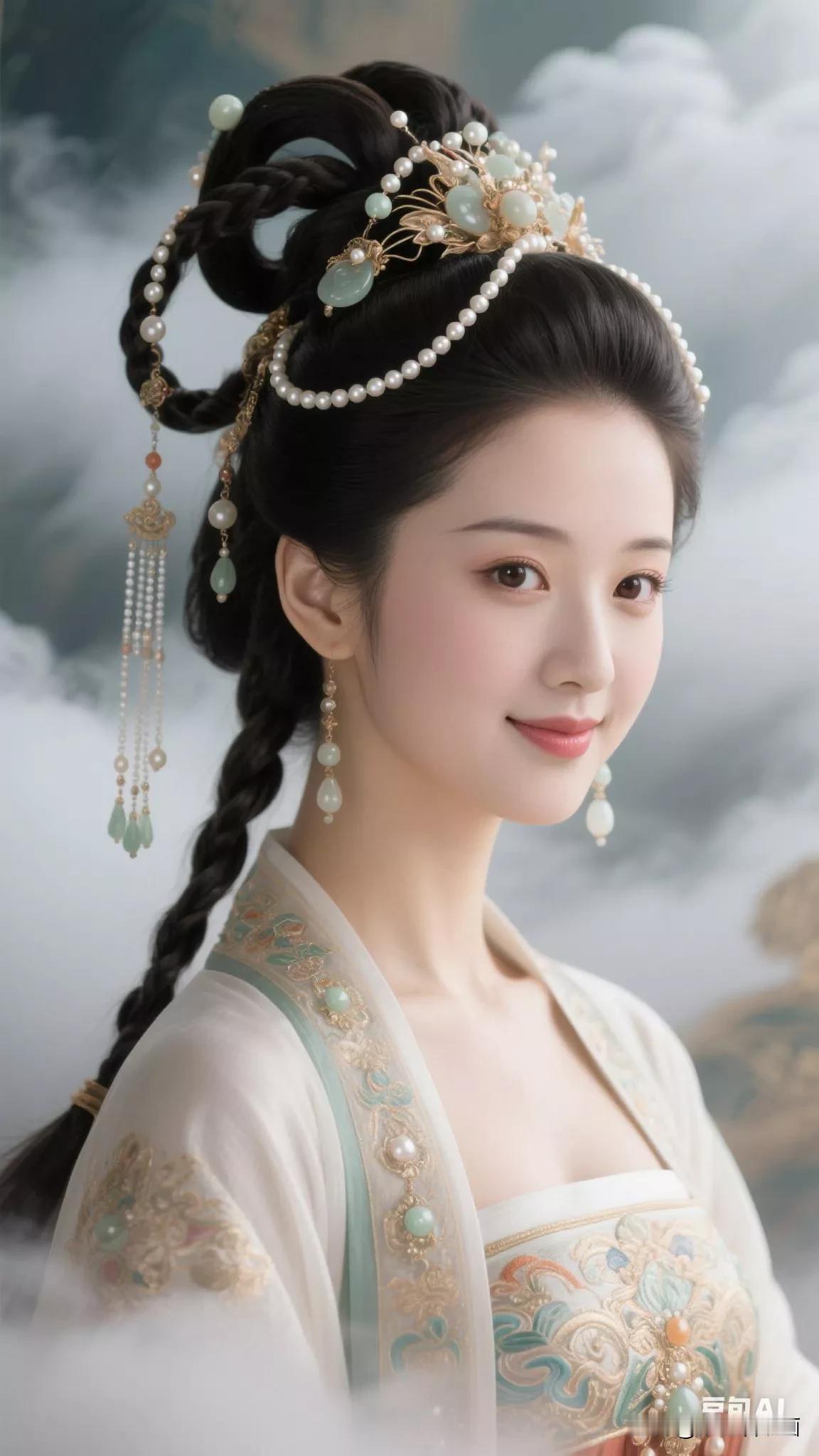 仙气飘飘的古风美人，头戴珠帘，耳坠流苏，宛如画中仙子。张立启原创书画AI作品古仕