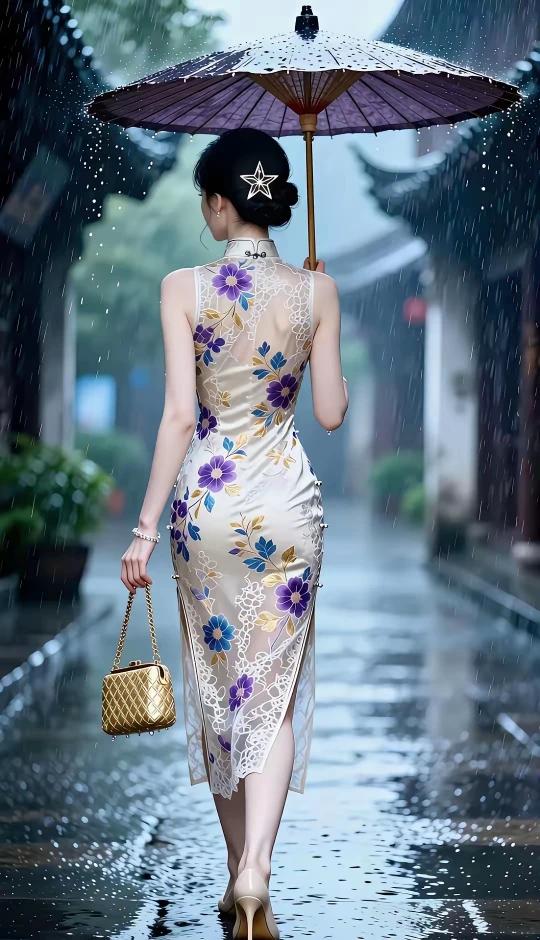 上联：雨落风柔杨柳堤下联：旗袍折伞酿春情