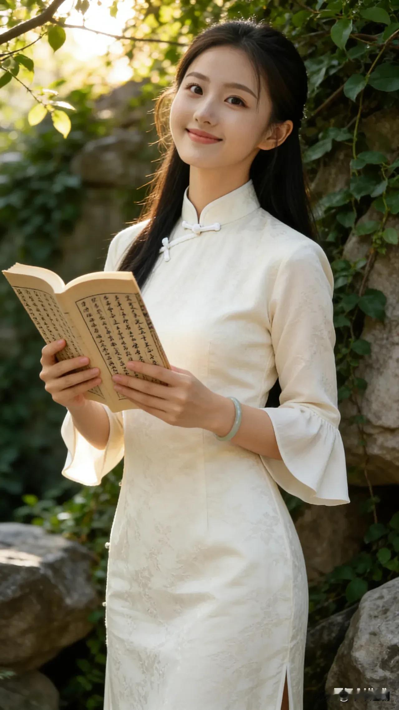 素旗袍裹着书卷气的柔，竹节镯碰着书页的轻。夕光漏过枝桠时，连字里行间都浸着江南式