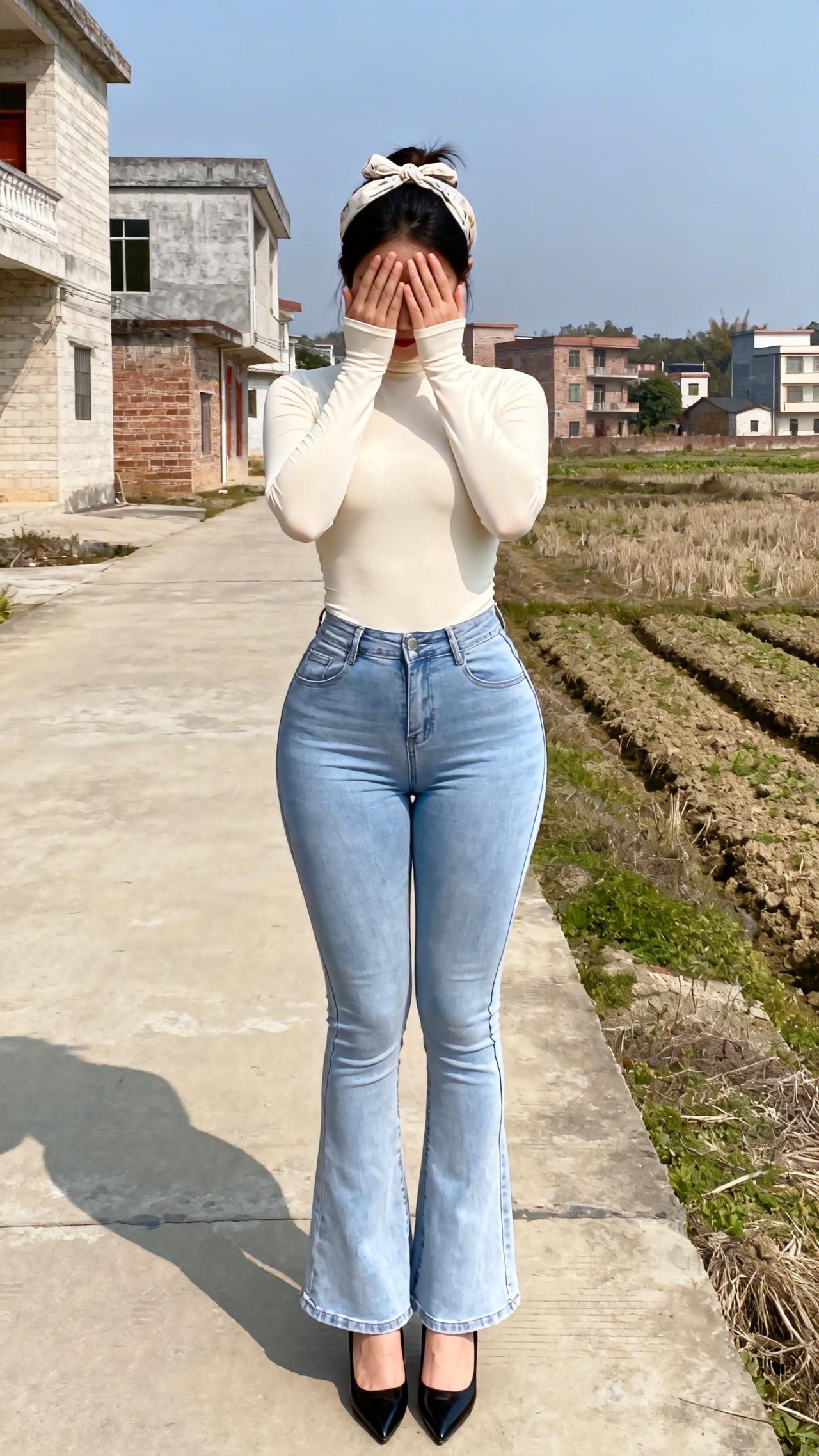 乡路蜿蜒向错落村舍，田垄间的新绿与残茬在暖阳下静静舒展。抬手轻拢发间，让山野的风