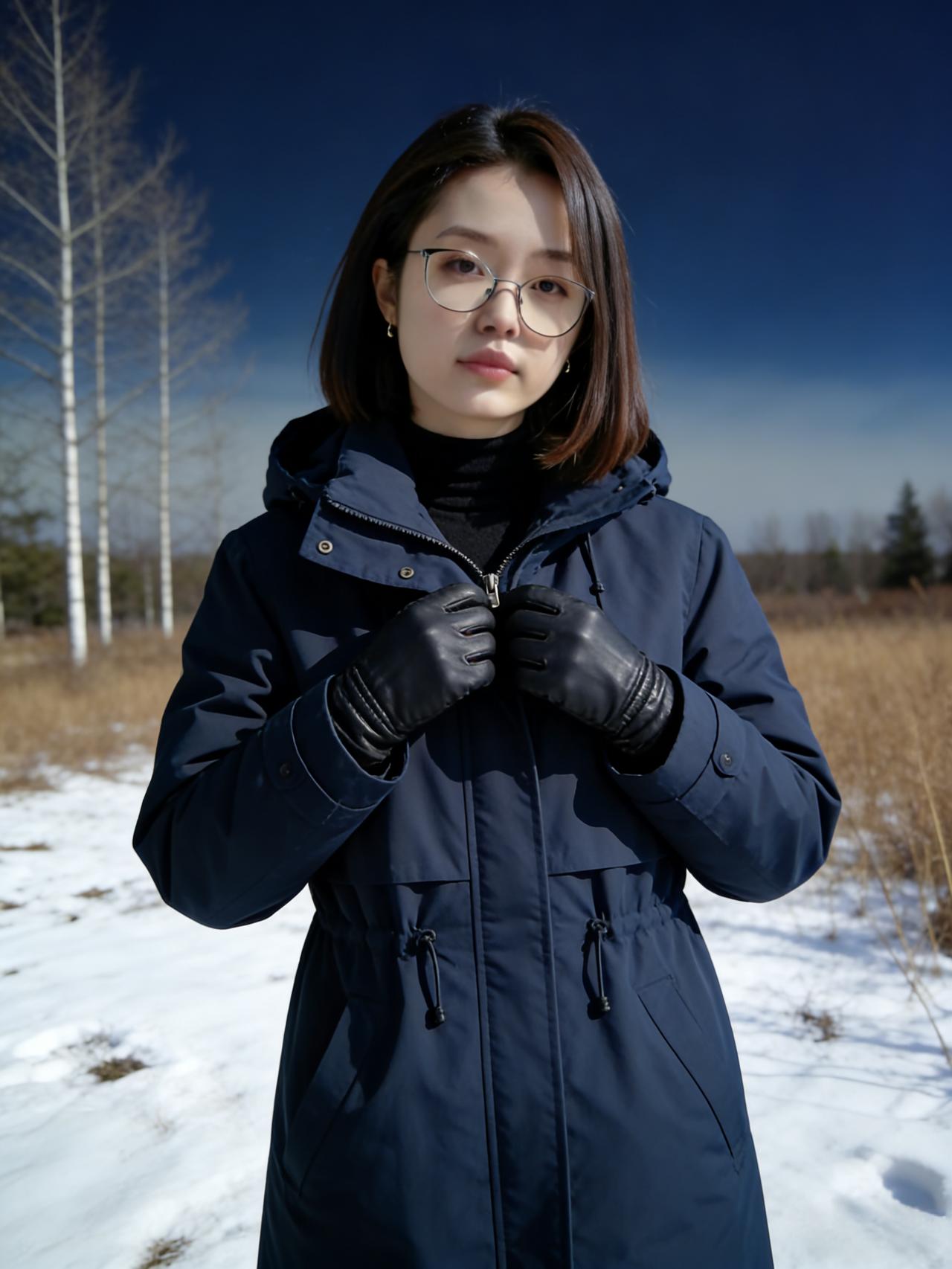 短发轻扬映雪光，青衫一袭立寒荒。晶框望断天涯路，风梳荒原草木香。