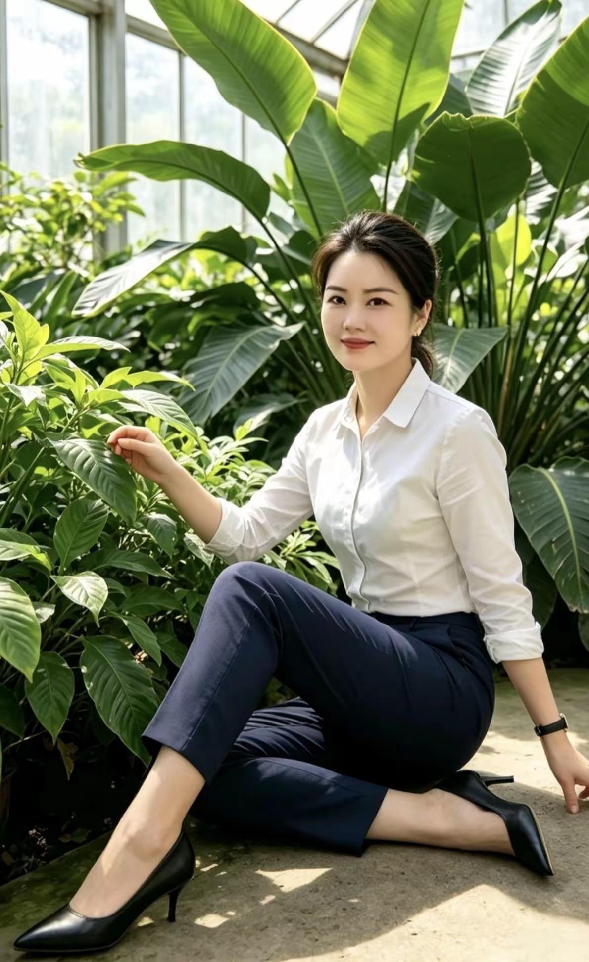 这位女士正在温室里欣赏植物。