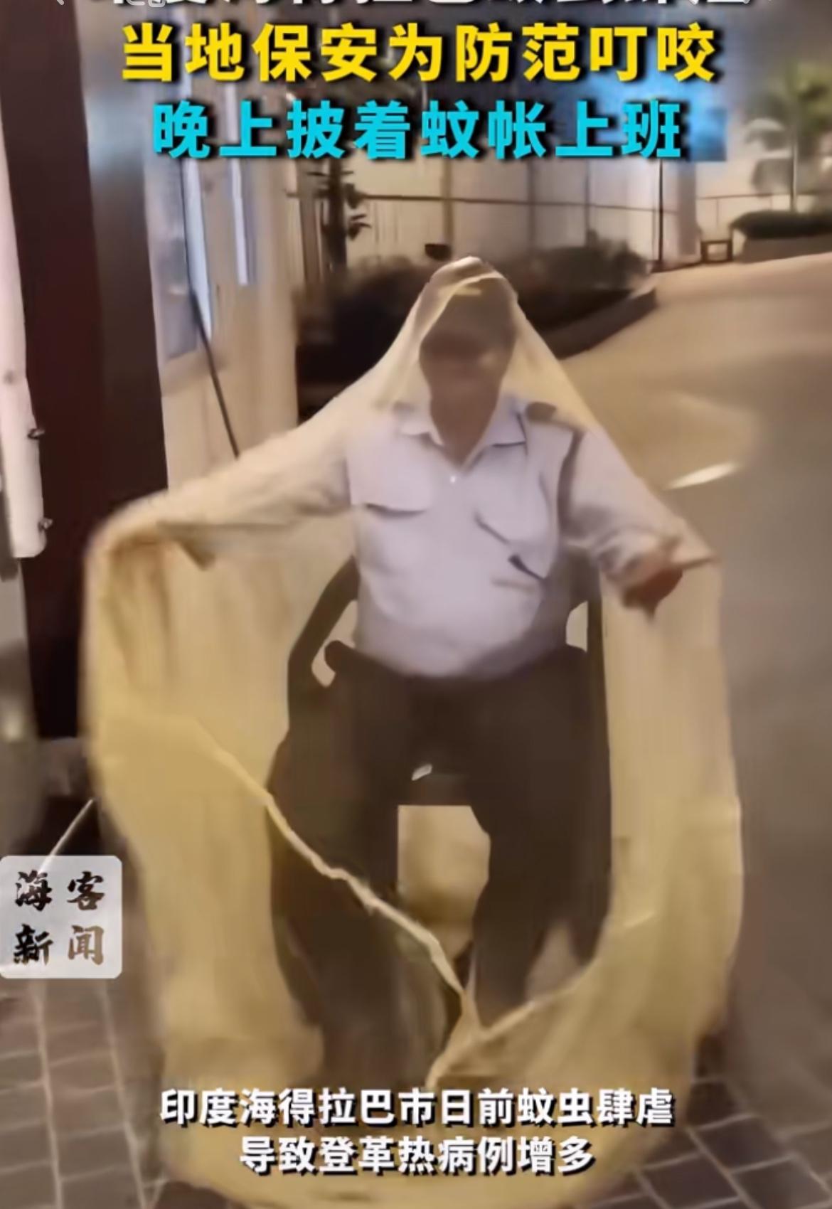 印度由于蚊虫肆虐，保安只能套着蚊帐上班，印度海得拉巴市蚊虫问题十分严峻，仅在一个