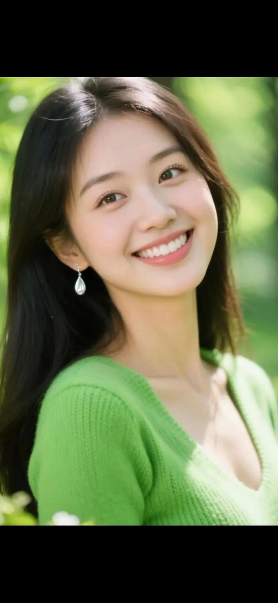 阳光刚好落在她的发梢，像把春天的温柔都揉进了笑涡里。你看她眼睛弯成月牙的弧度