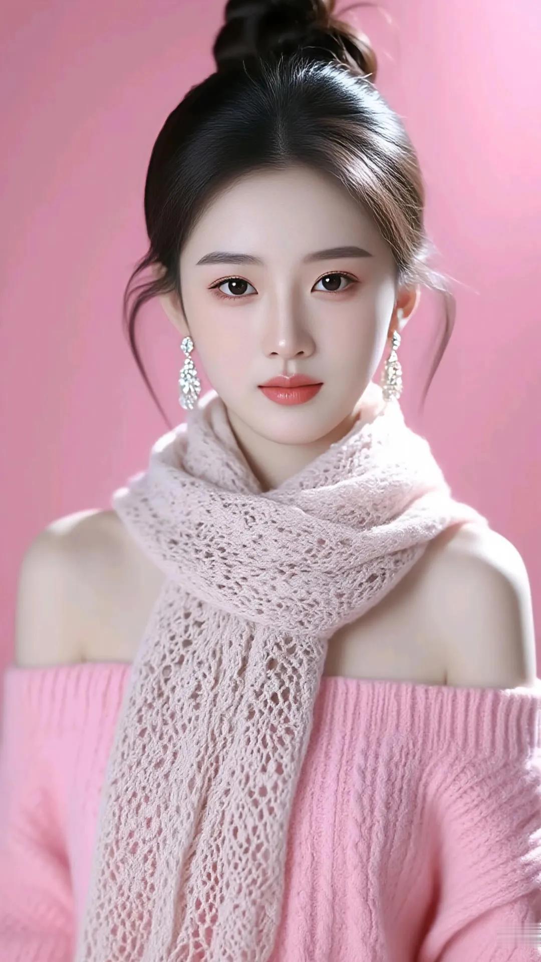 温柔粉嫩少女风，粉色毛衣搭配蕾丝围巾，甜美动人！💖✨
