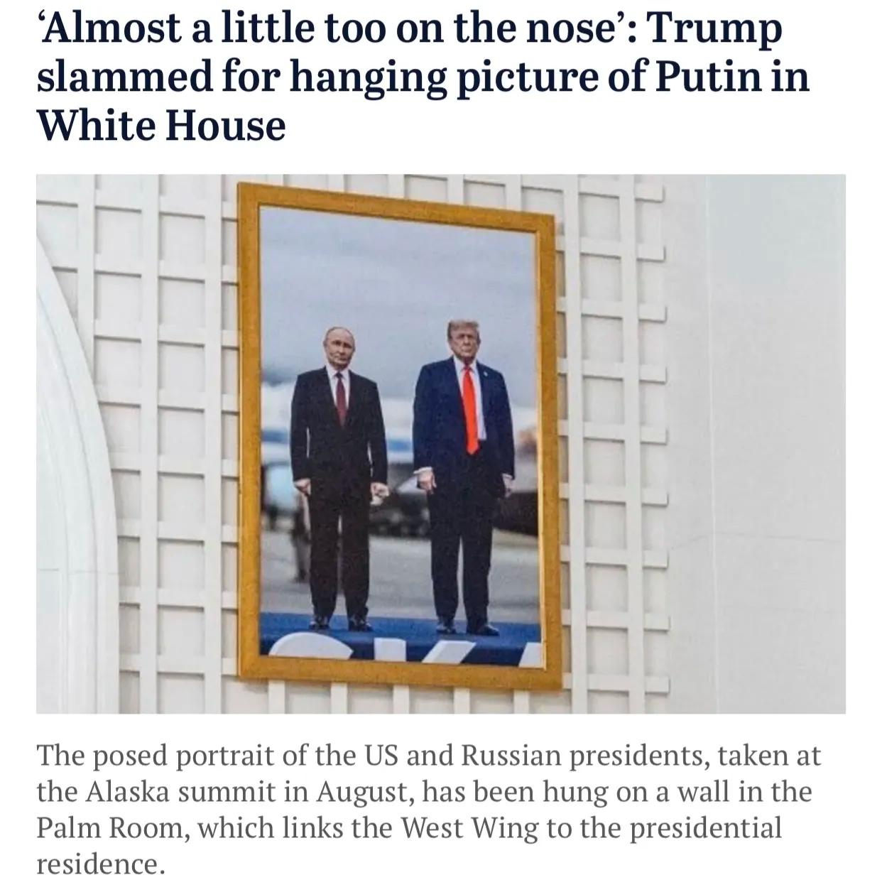 当地时间1月27日，美媒曝出白宫在连接西翼与行政官邸的门厅，悬挂起特朗普与普京2