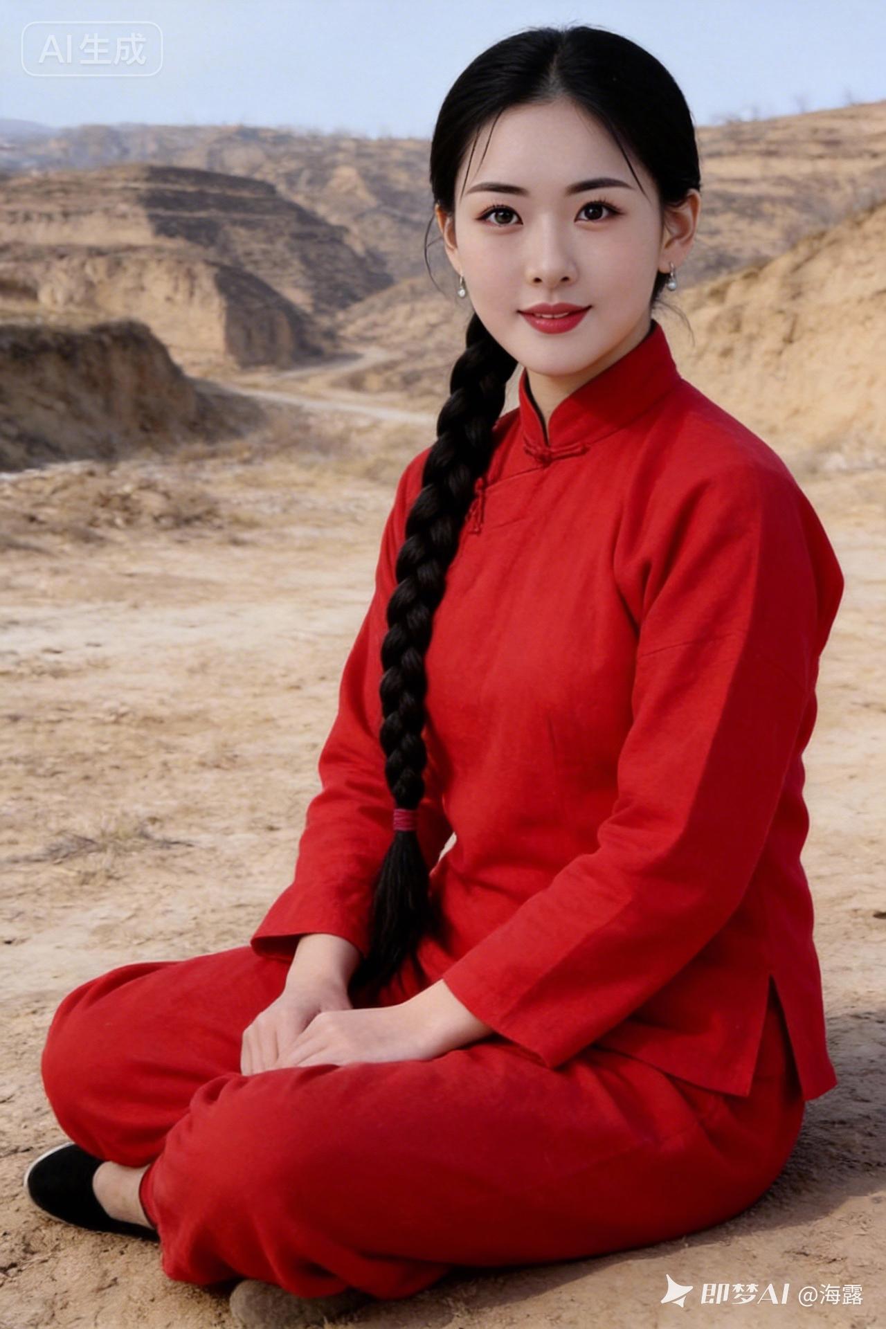 红衣少女坐沙丘，静谧如画，自然之美。