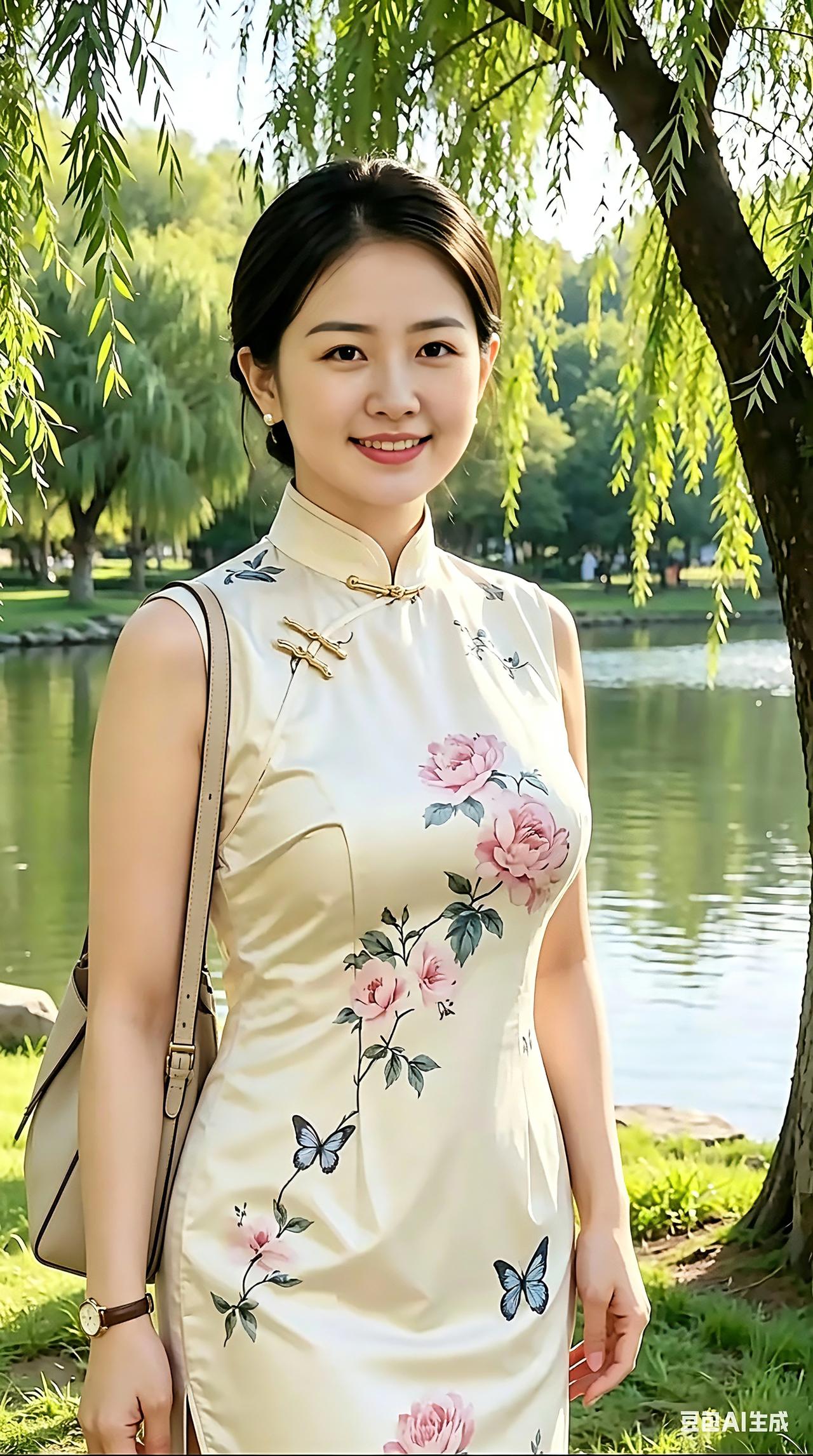 湖边垂柳随风轻摇，河水澄澈明净。身着浅米色印花旗袍的女士，衣上绣着牡丹与蝴蝶，挎