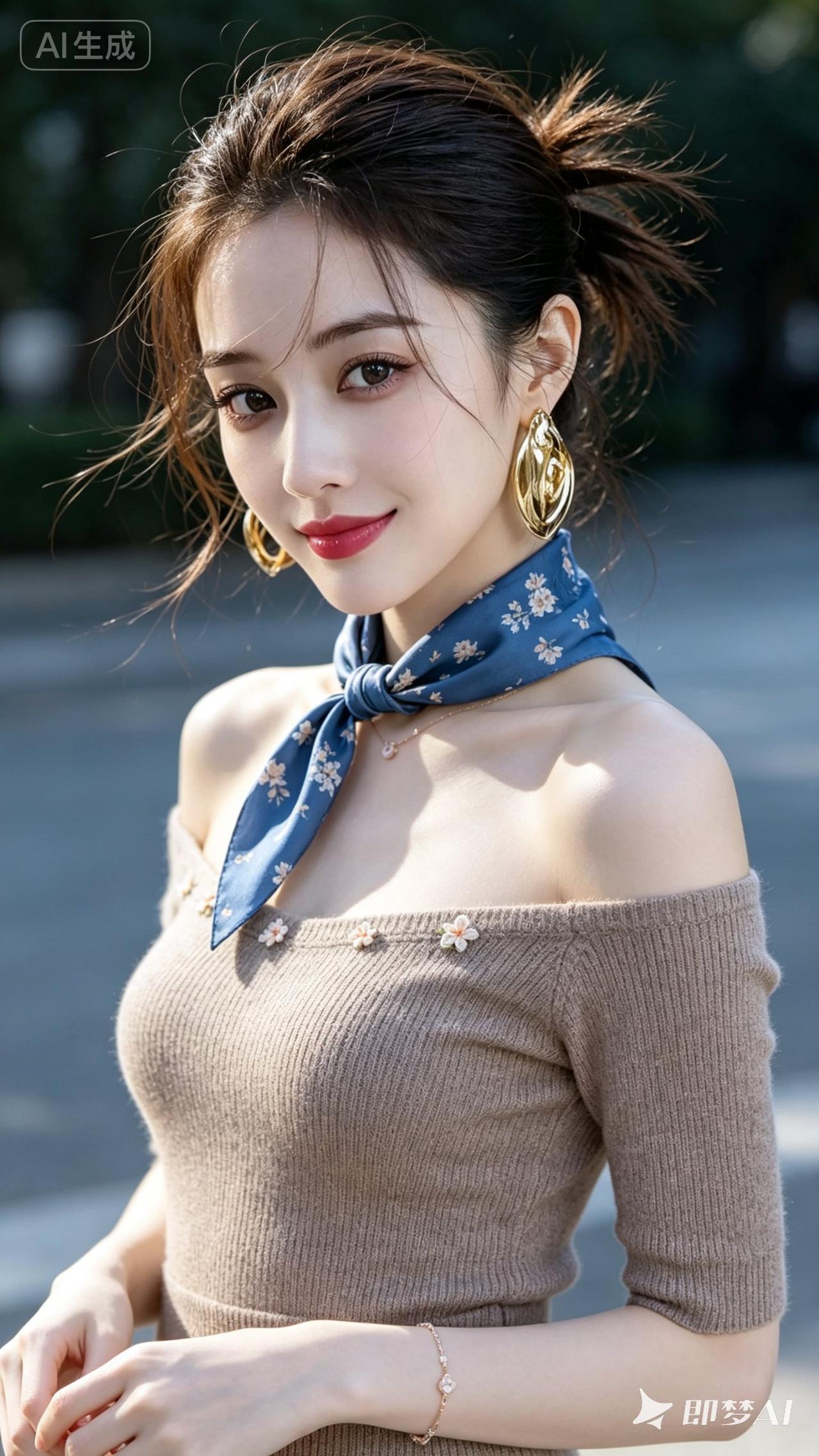 甜美少女风，蓝色丝巾与金色耳环的完美搭配，尽显优雅气质！💖💃🏻
