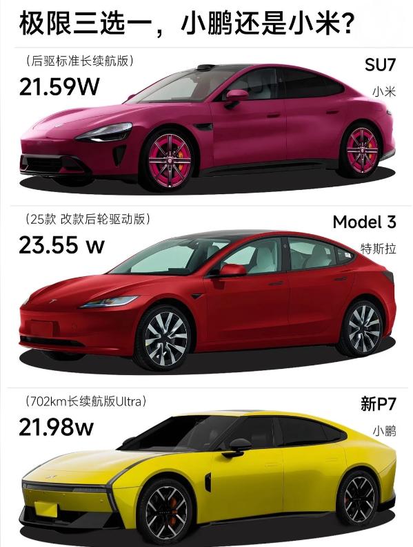 极限三选一🔥20万左右新能源轿车：小米SU7vs小鹏P7vs特斯拉M