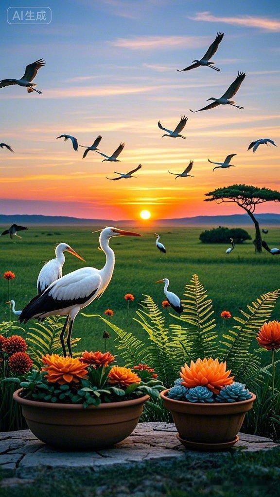 夕阳西下，白鹭翩翩起舞，花团锦簇，美不胜收！🌅🦢🌸
