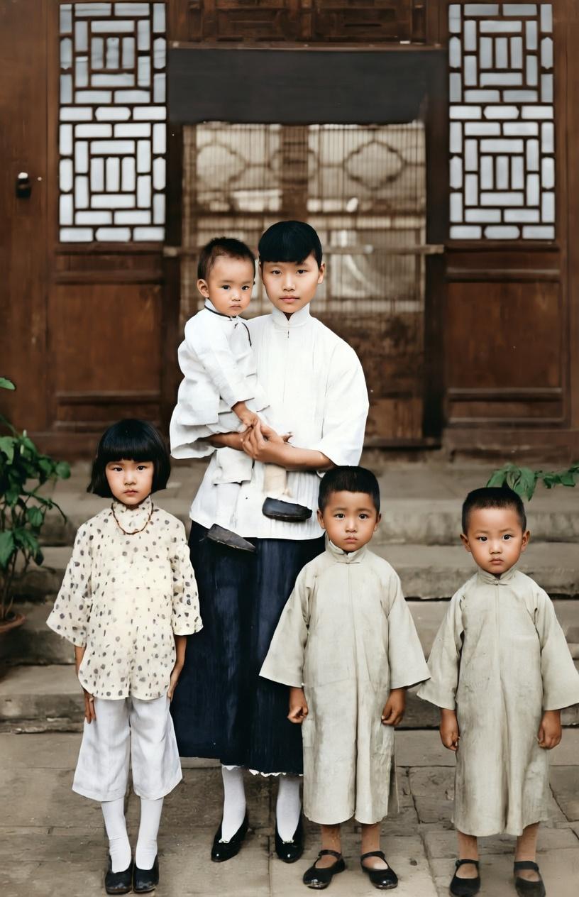 这是林徽因继母程桂林与子女的合影，程桂林是林长民的第二任妻子，怀抱幼子林暄，身边