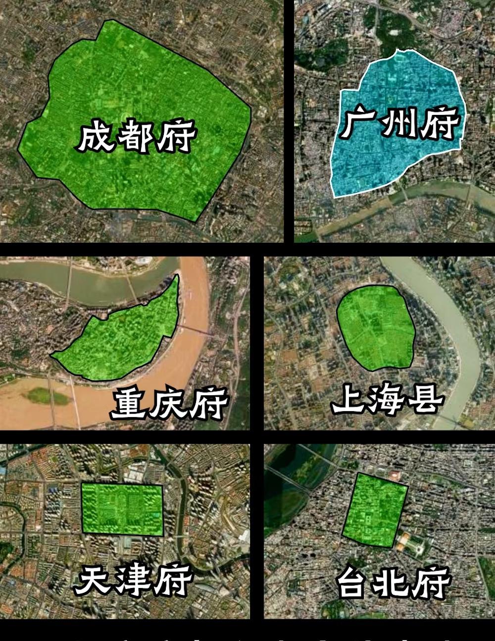 同比例尺下，各省会城市的古城墙轮廓范围，归纳总结：南方基本上是圆的，北方方正的多