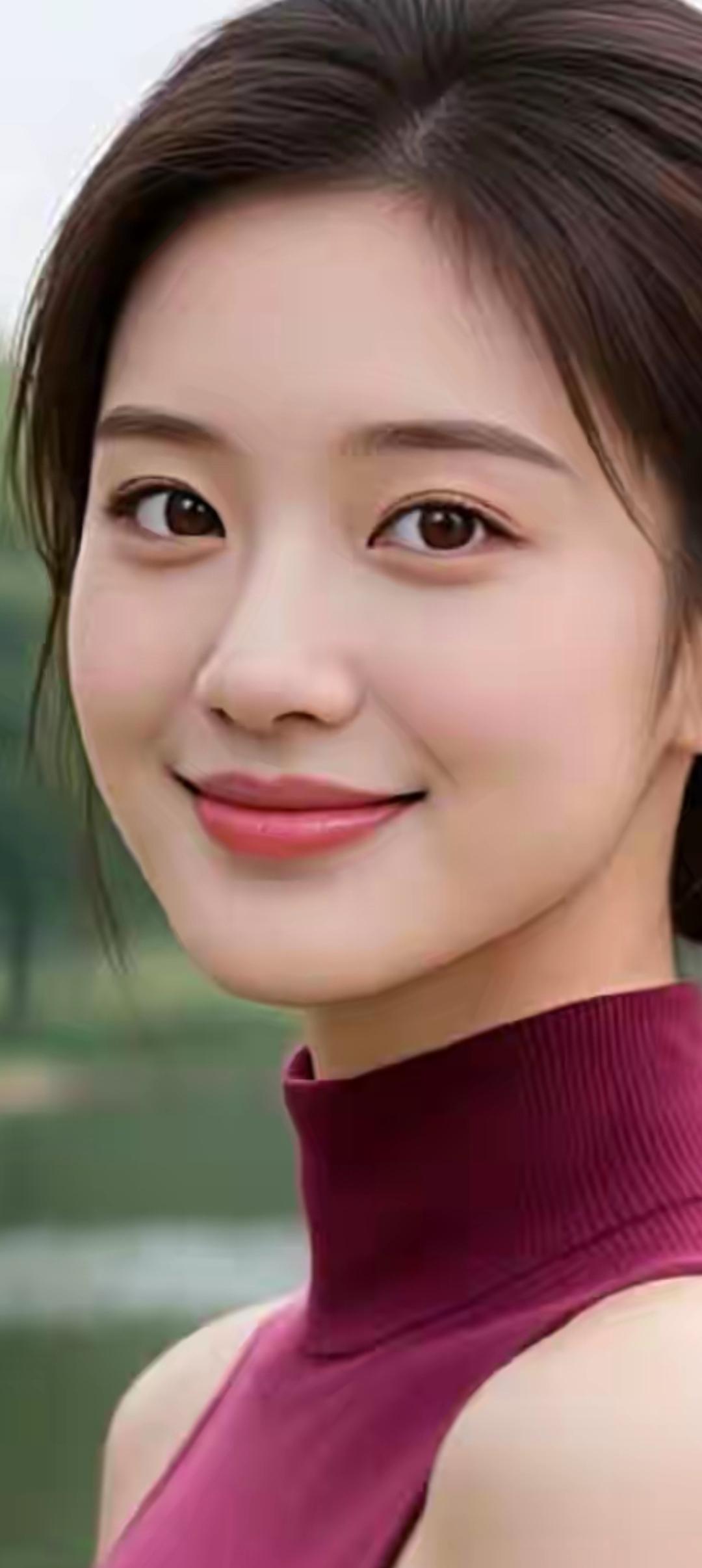 优雅气质，红衣少女，微笑动人，自然背景。