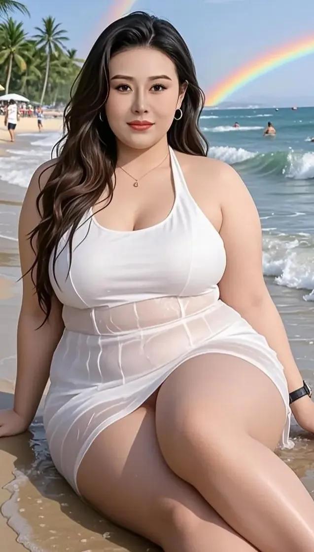 美肤似咖啡沙滩坐王妃背景彩虹现疑是瑶池会