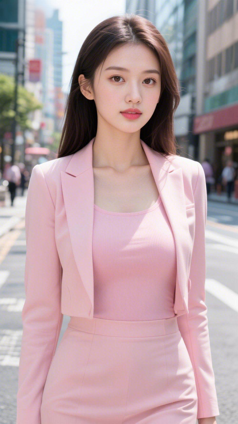 晴日城街即景层楼栉比沐晴光，阔道平铺开远长。夹道繁枝摇翠色，临街商铺列成